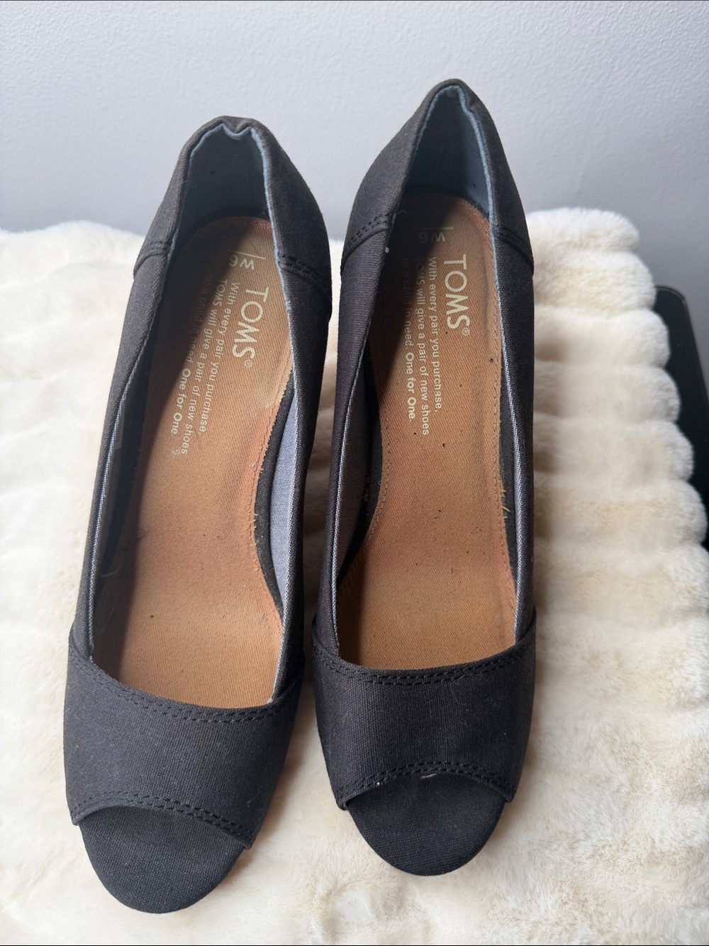 TOMS Black Canvas Peep-Toe Heels